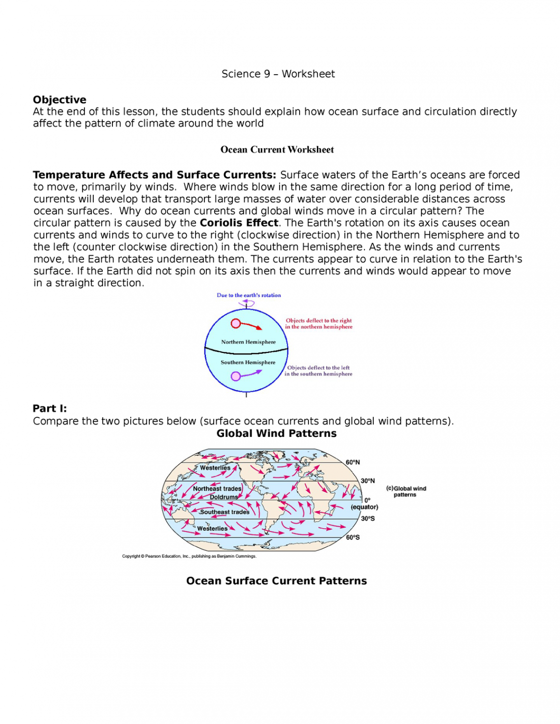 Ocean current that affect climate - Science  – Worksheet