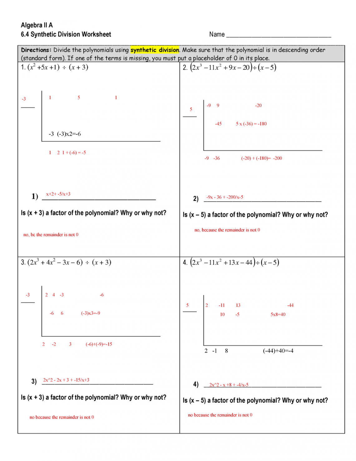 OOOOoOOOoOOOOOo yeah yeah - Synthetic Division Worksheet - Algebra