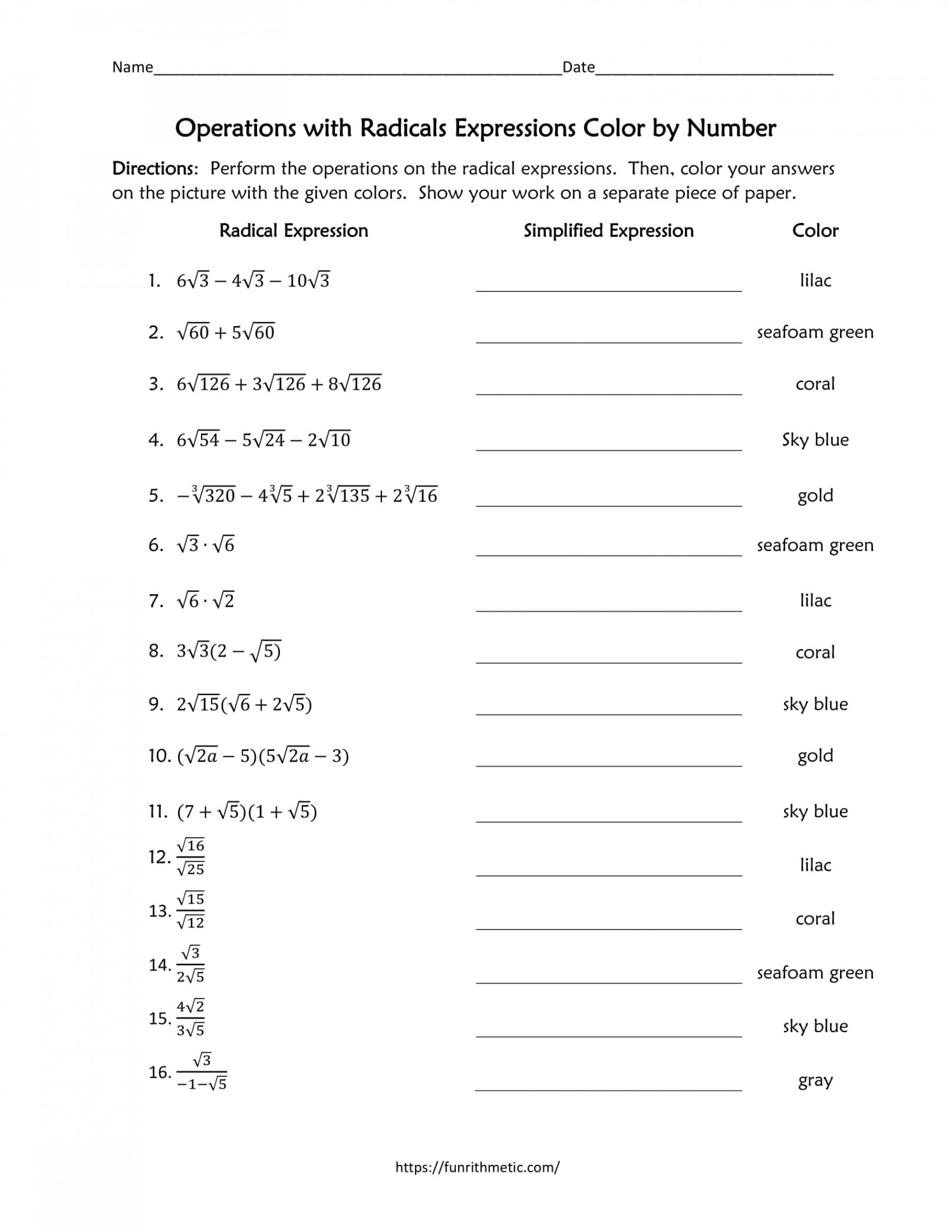 Operations with Radical Expressions Color by Number