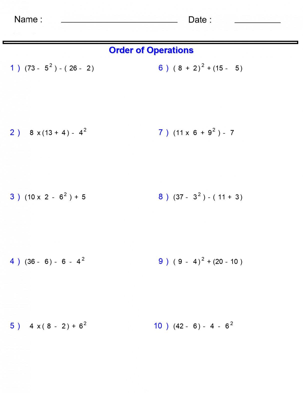 Order of Operations Without Division Worksheets - with Parentheses and  Exponents