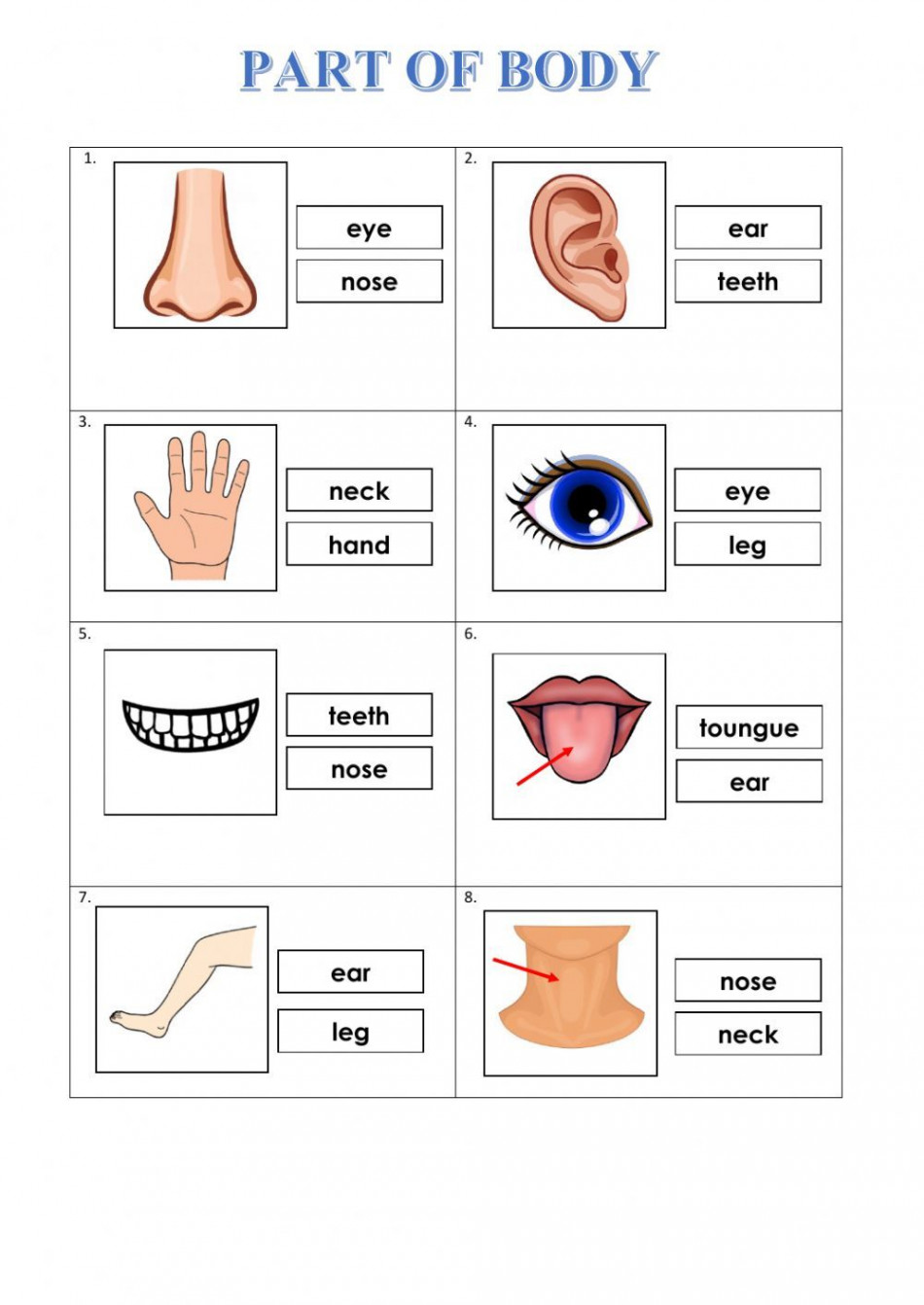 Part of body worksheet in   Learning english for kids