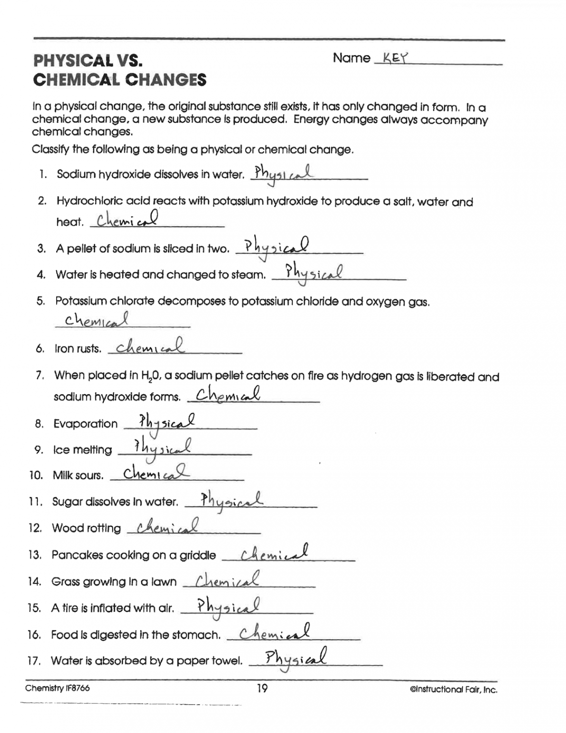Physical vs Chemical Changes Key - Studocu