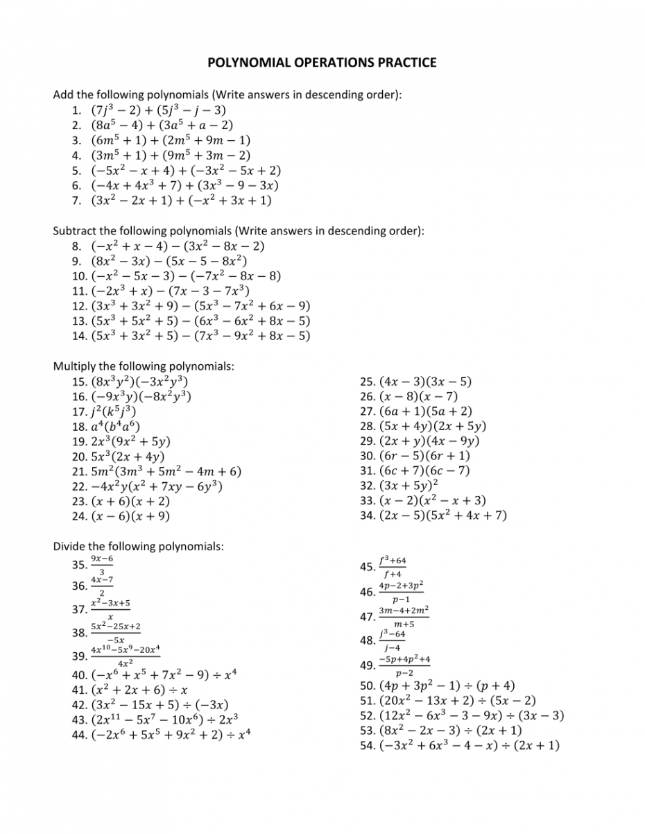 POLYNOMIAL OPERATIONS PRACTICE - Hughes, Patricia  Library