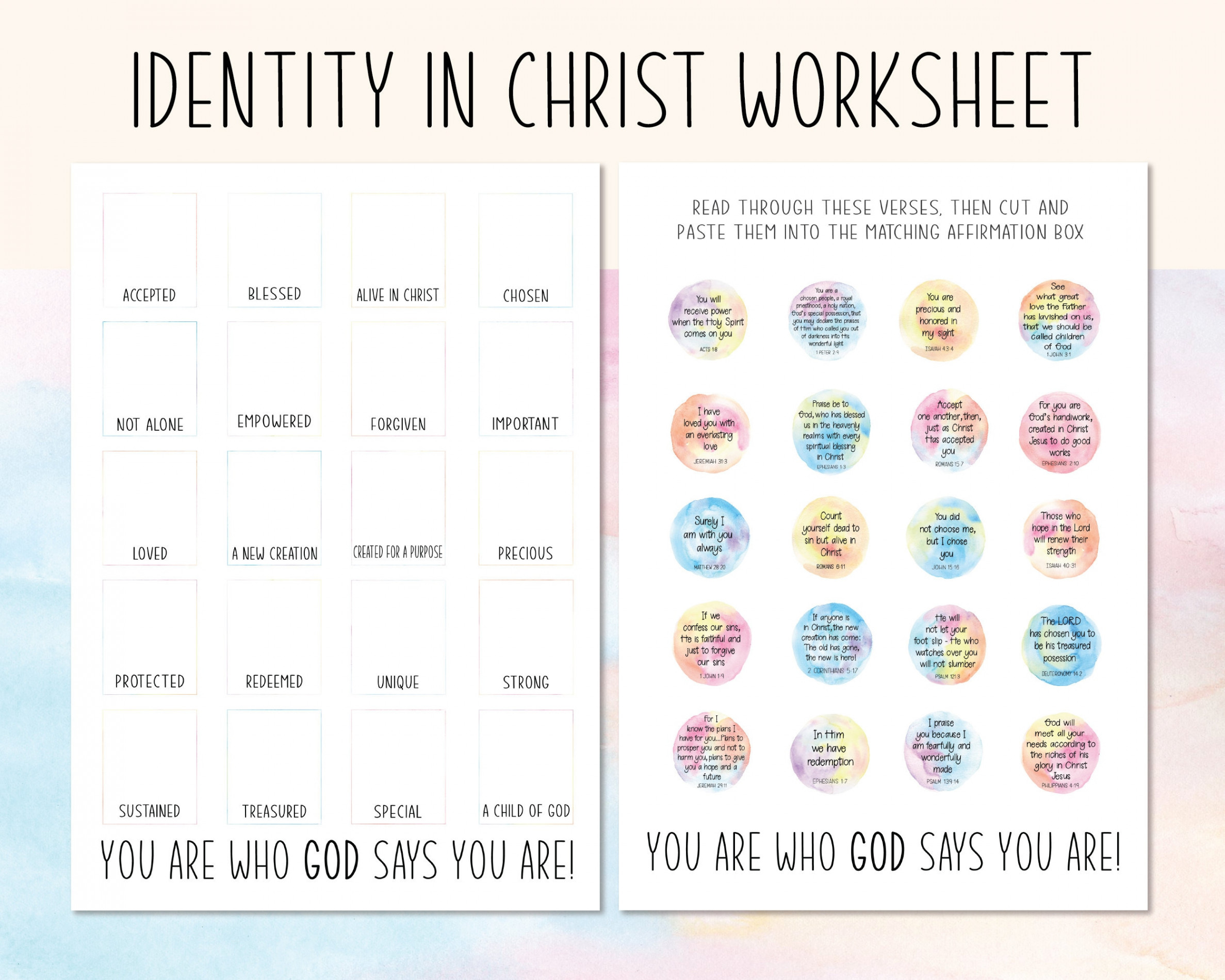 Printable Christian Affirmation Worksheet/activity Identity in