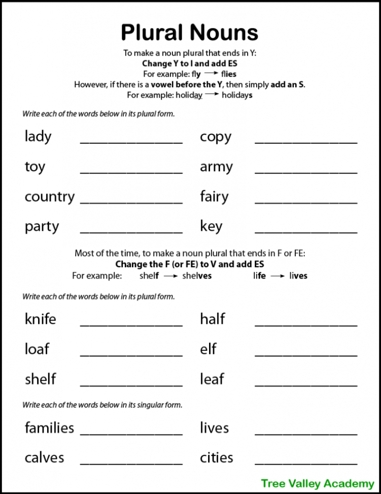 Printable Plural Nouns Worksheets for Kids - Tree Valley Academy