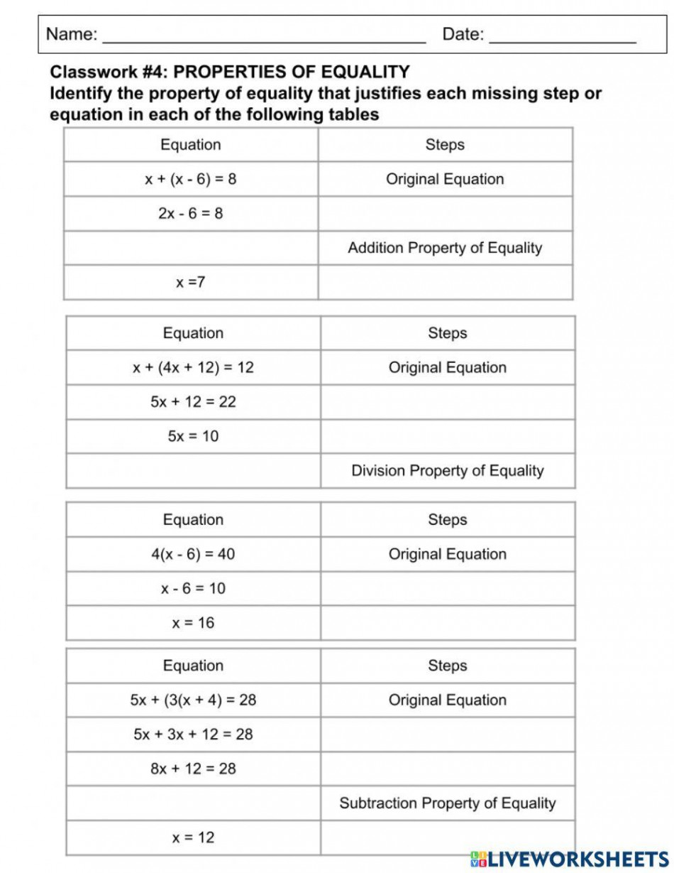 Properties of Equality worksheet  Live Worksheets