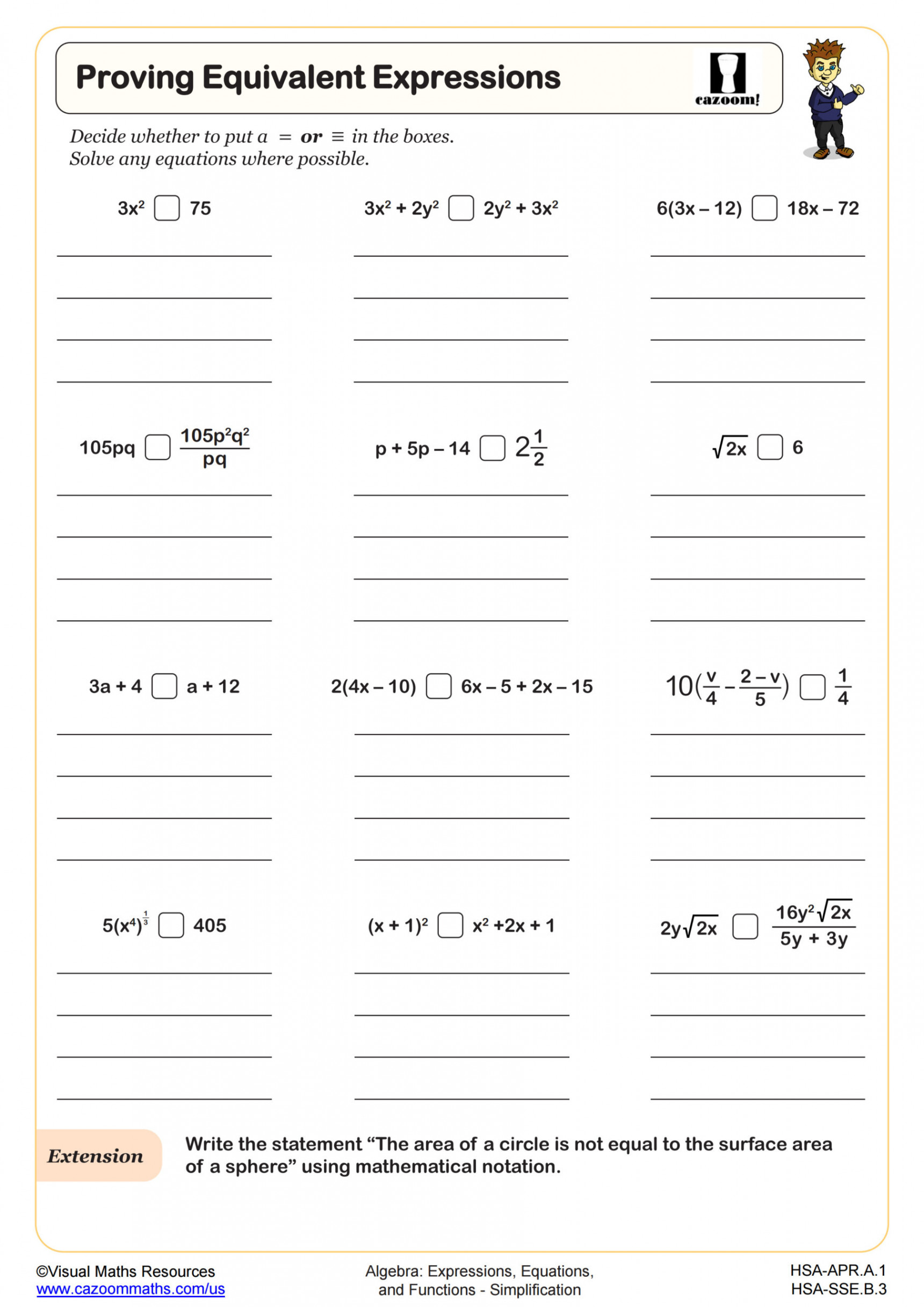 Proving Equivalent Expressions Worksheet  PDF Printable Algebra