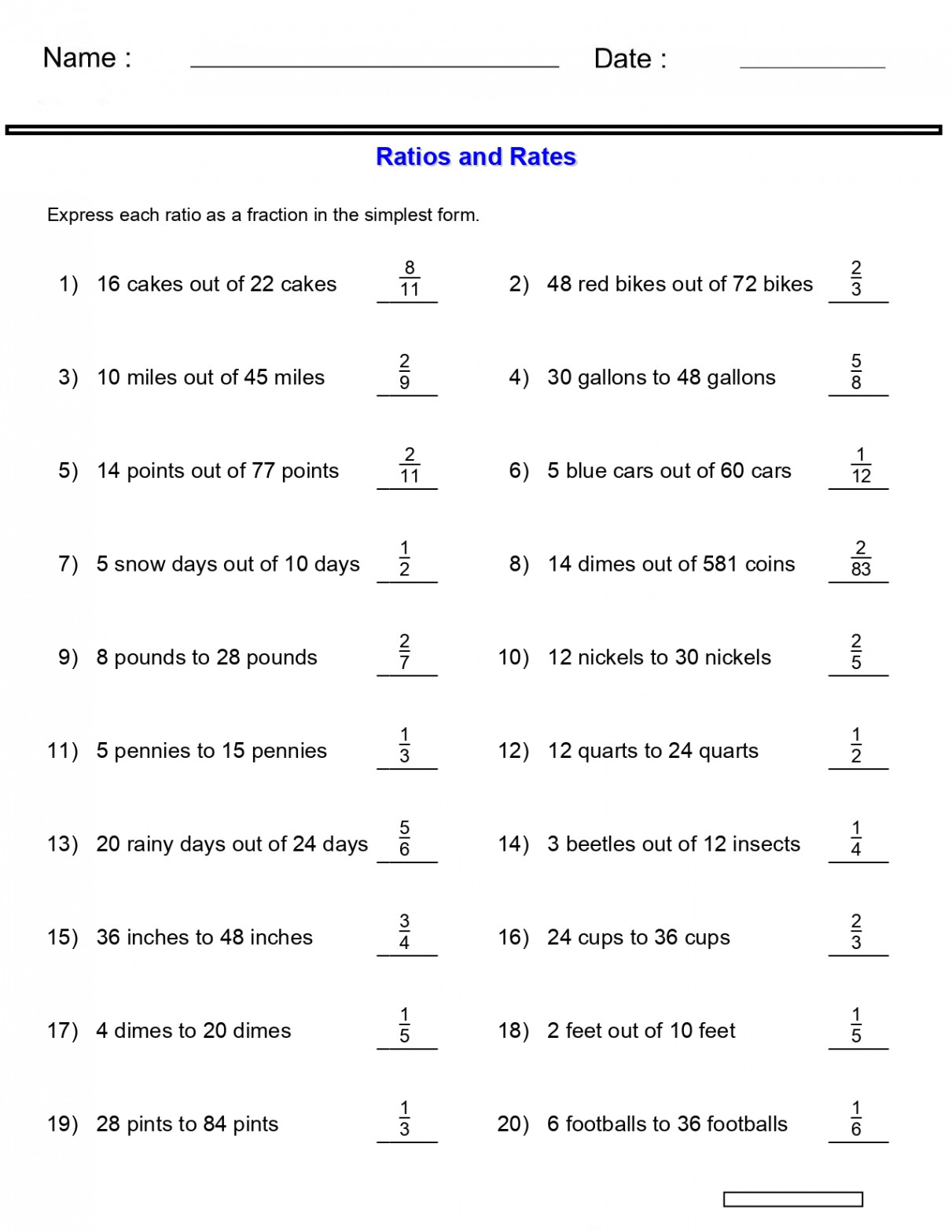 Ratio Worksheets - Rates and Unit Rates Worksheets