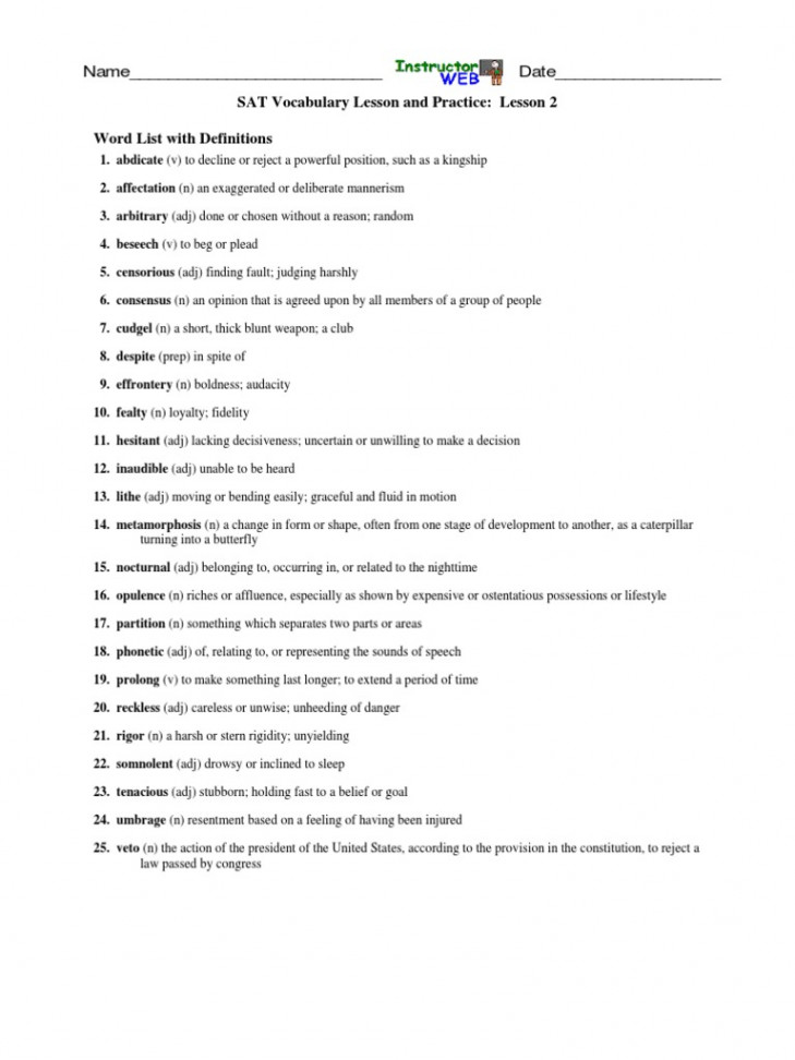 SAT Vocabulary Lesson and Practice: Lesson  Word List With