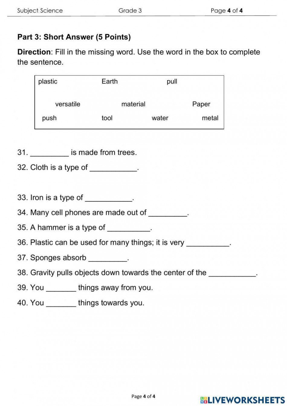 Science Final Exam for Grade  interactive worksheet  Live Worksheets