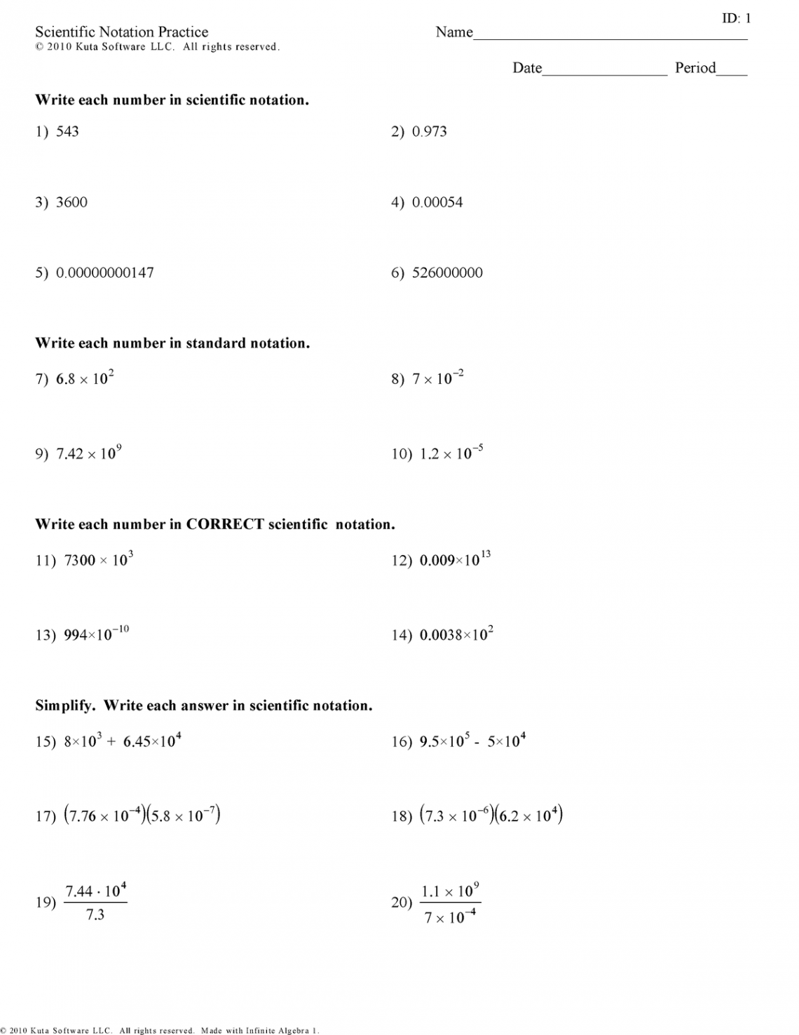 Scientific Notation Practice - with answer key - ID:  Scientific