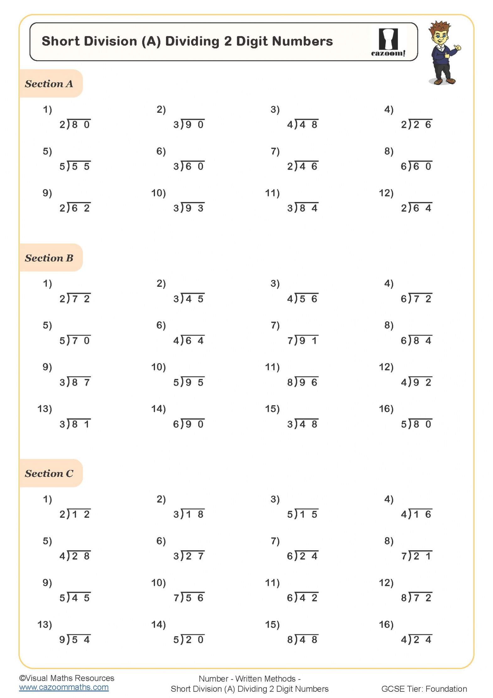 Short Division (A) Dividing  Digit Numbers Worksheet  Printable