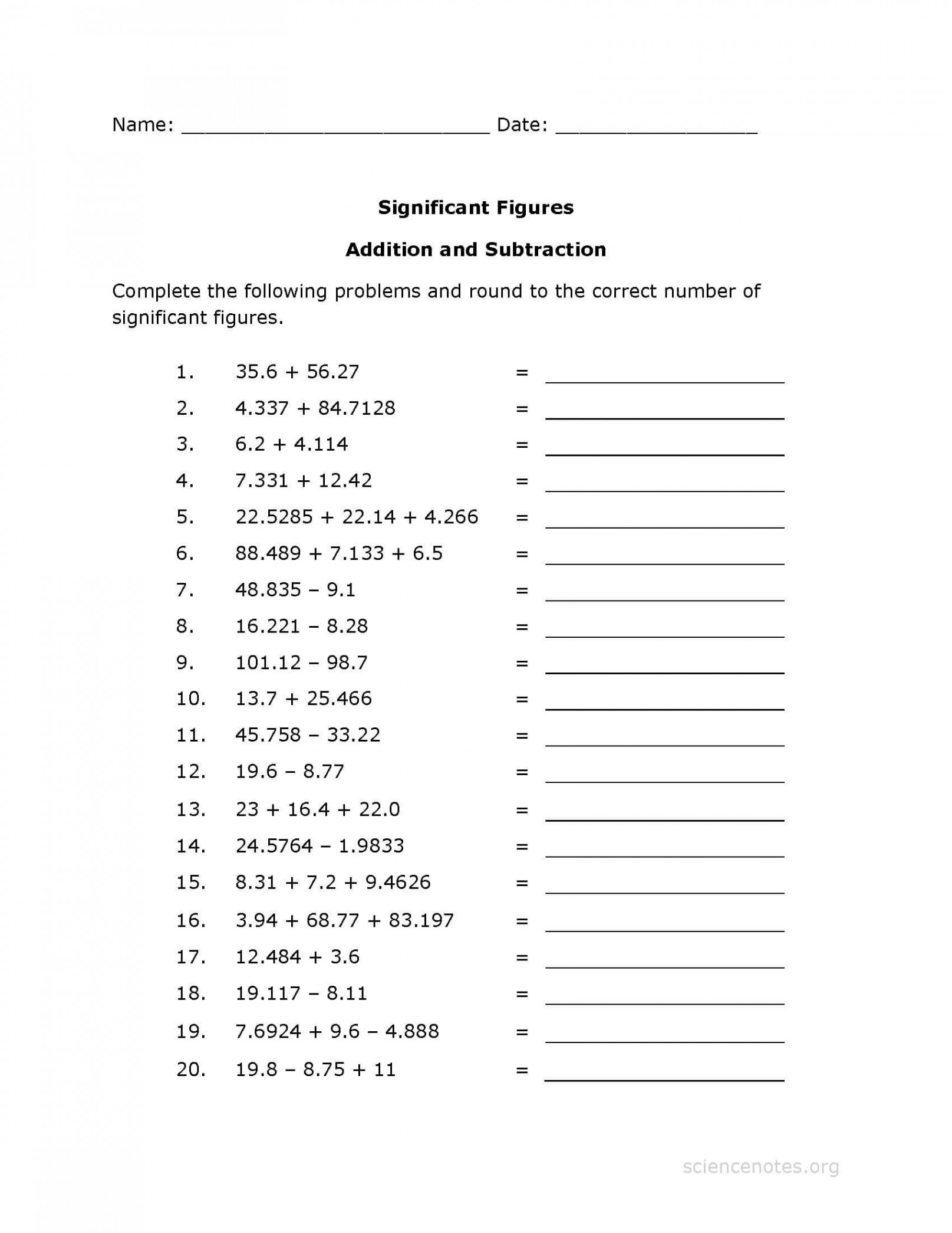 Significant Figures Worksheet PDF - Addition Practice