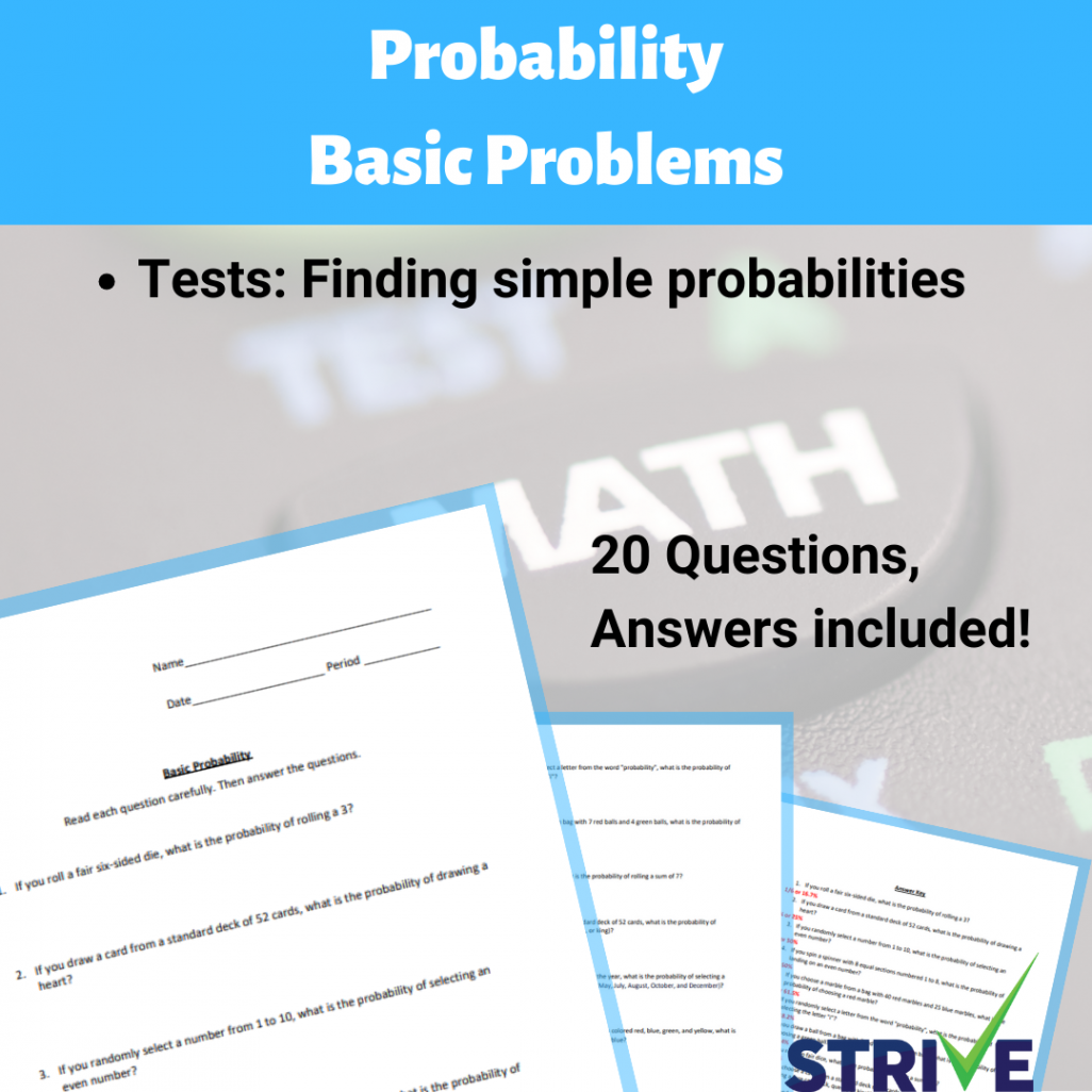 Simple Probability Practice Worksheet # For Pre-Algebra, Algebra , and  Test Prep