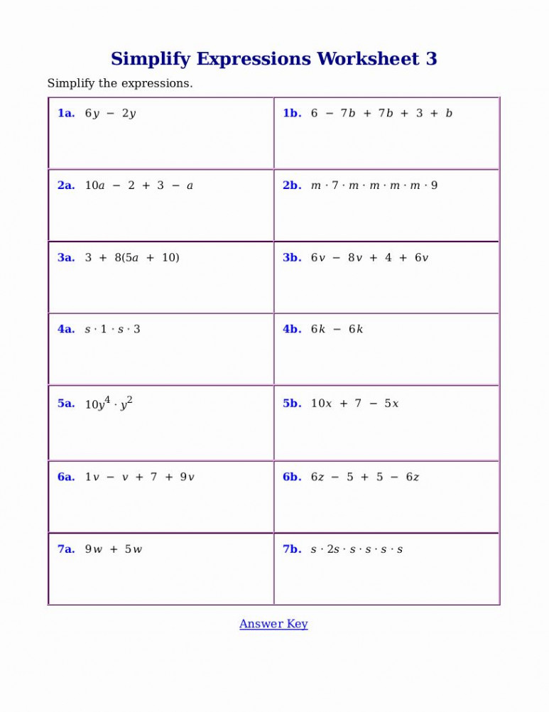 Simplifying Algebraic Expressions Worksheet Answers