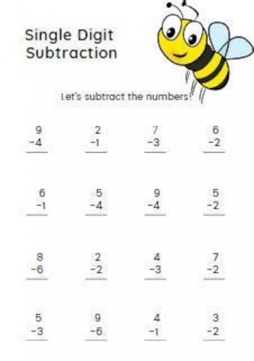 Single Digit Subtraction Worksheet, Great Math Worksheet for