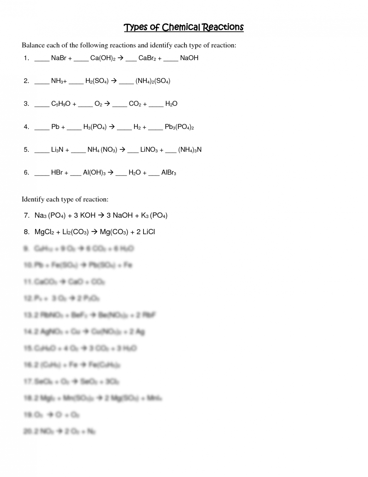 SOLUTION: Types of reactions worksheet chemistry notes high