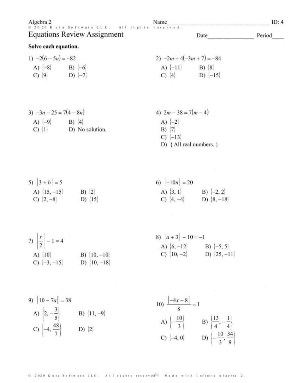 Solving Equations and Inequalities w- Absolute Value worksheet