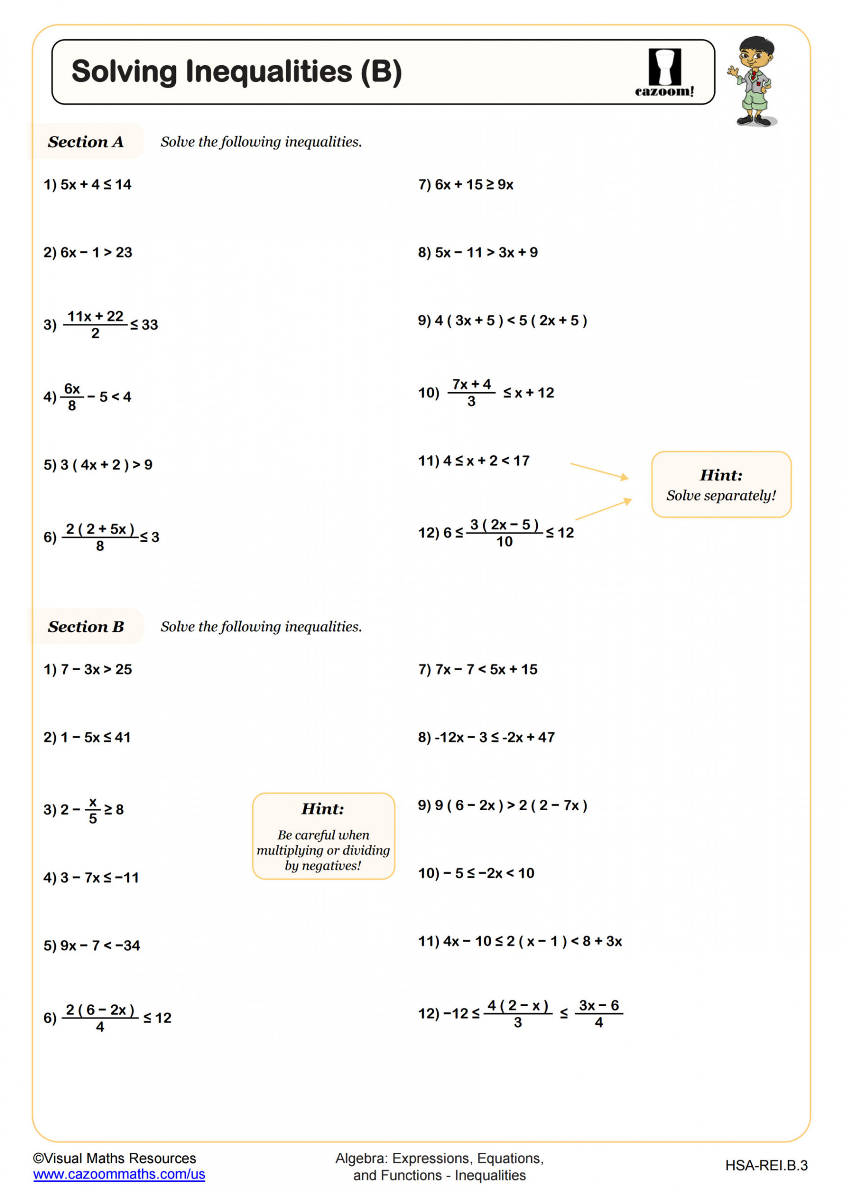 Solving Inequalities (B) Worksheet  PDF Printable Algebra Worksheet