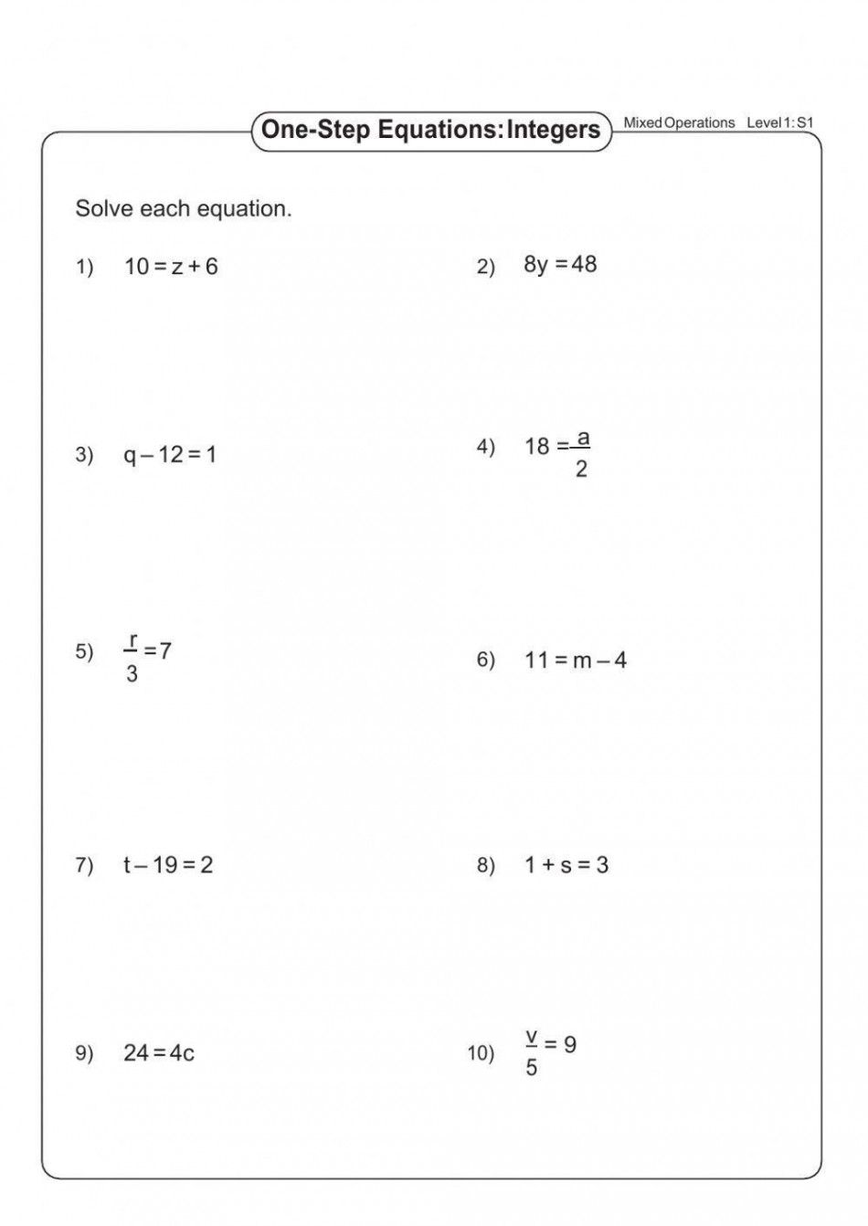 Solving one step equation worksheet  Live Worksheets