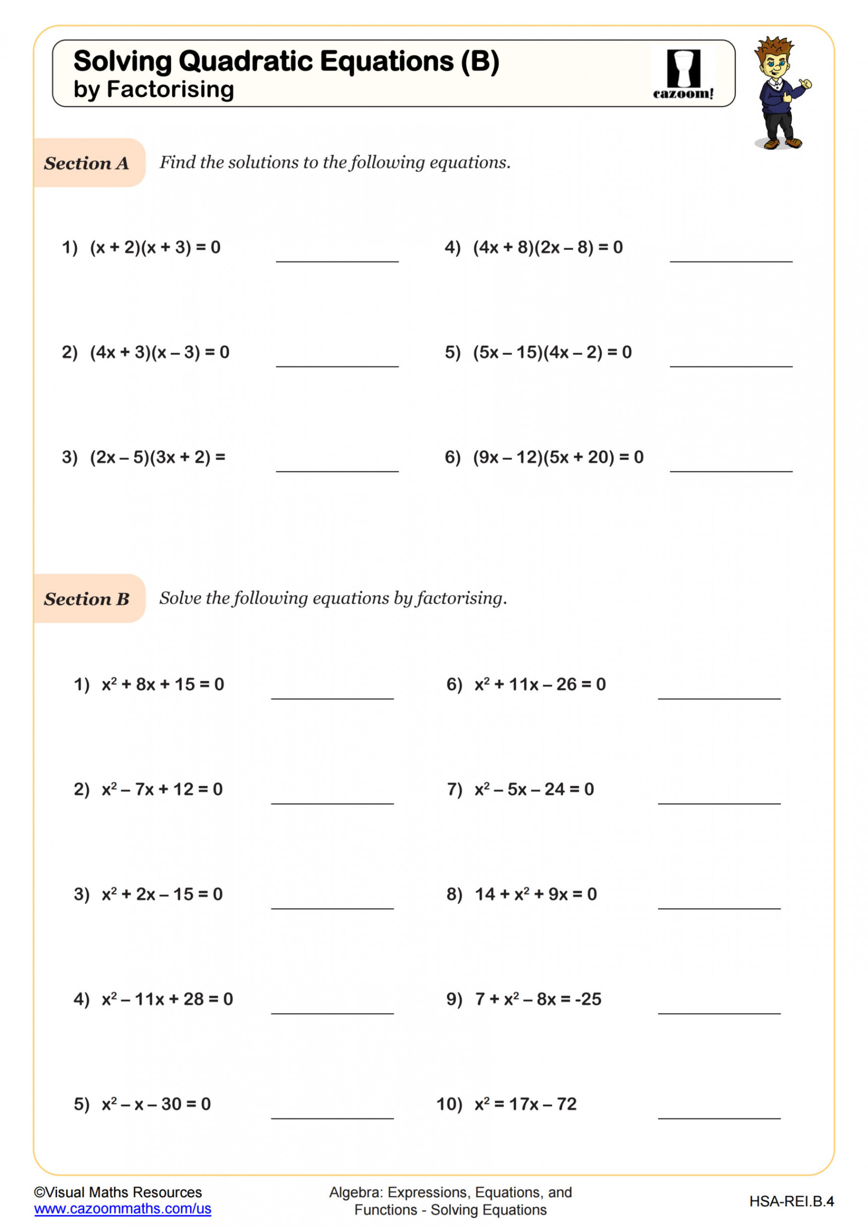 Solving Quadratic Equations (B) - By Factoring Worksheet  Algebra