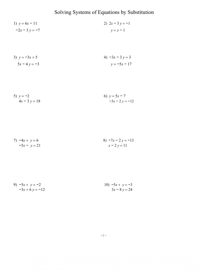 Solving Systems of Equations by Substitution Worksheet  Math Word