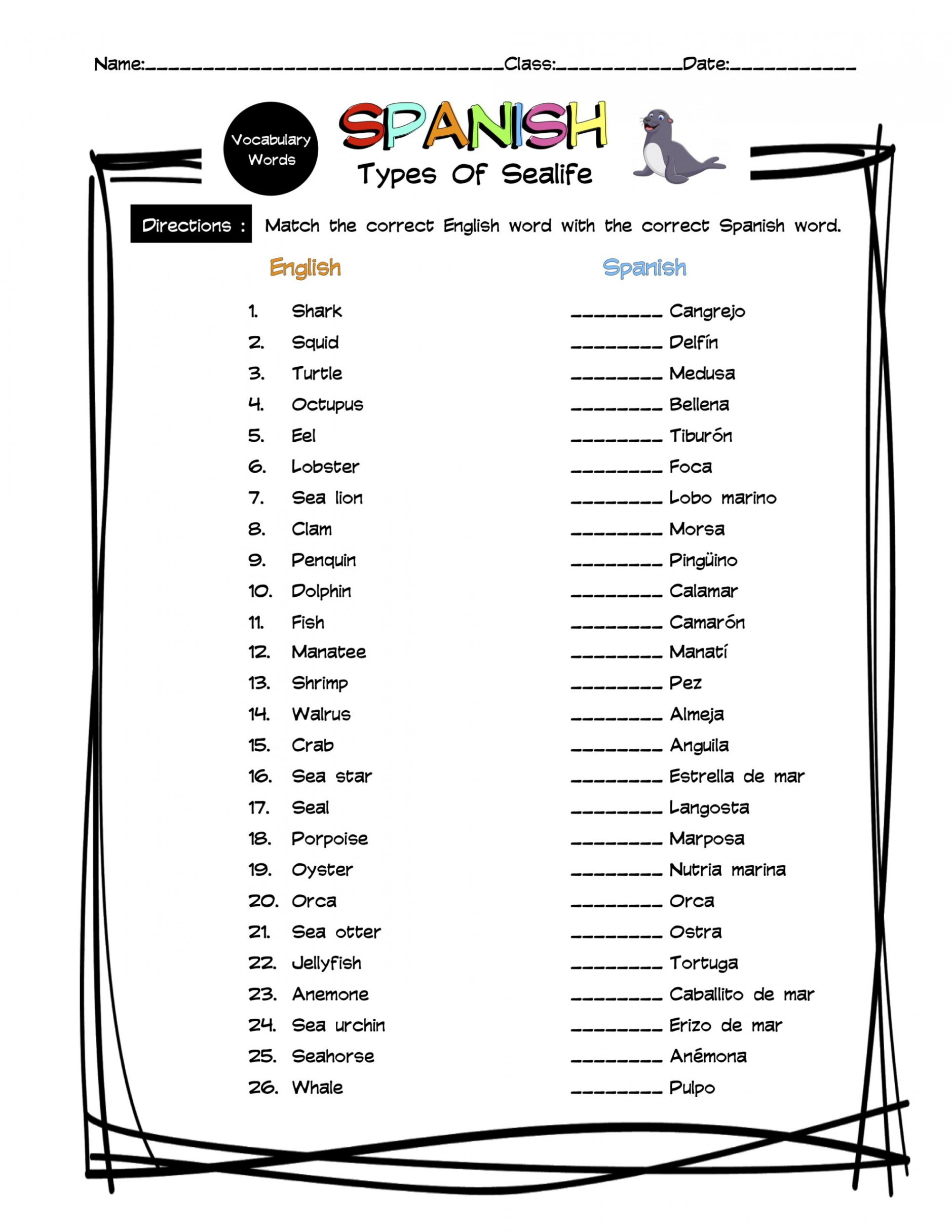 Spanish Sealife Vocabulary Matching Worksheet & Answer Key  Made