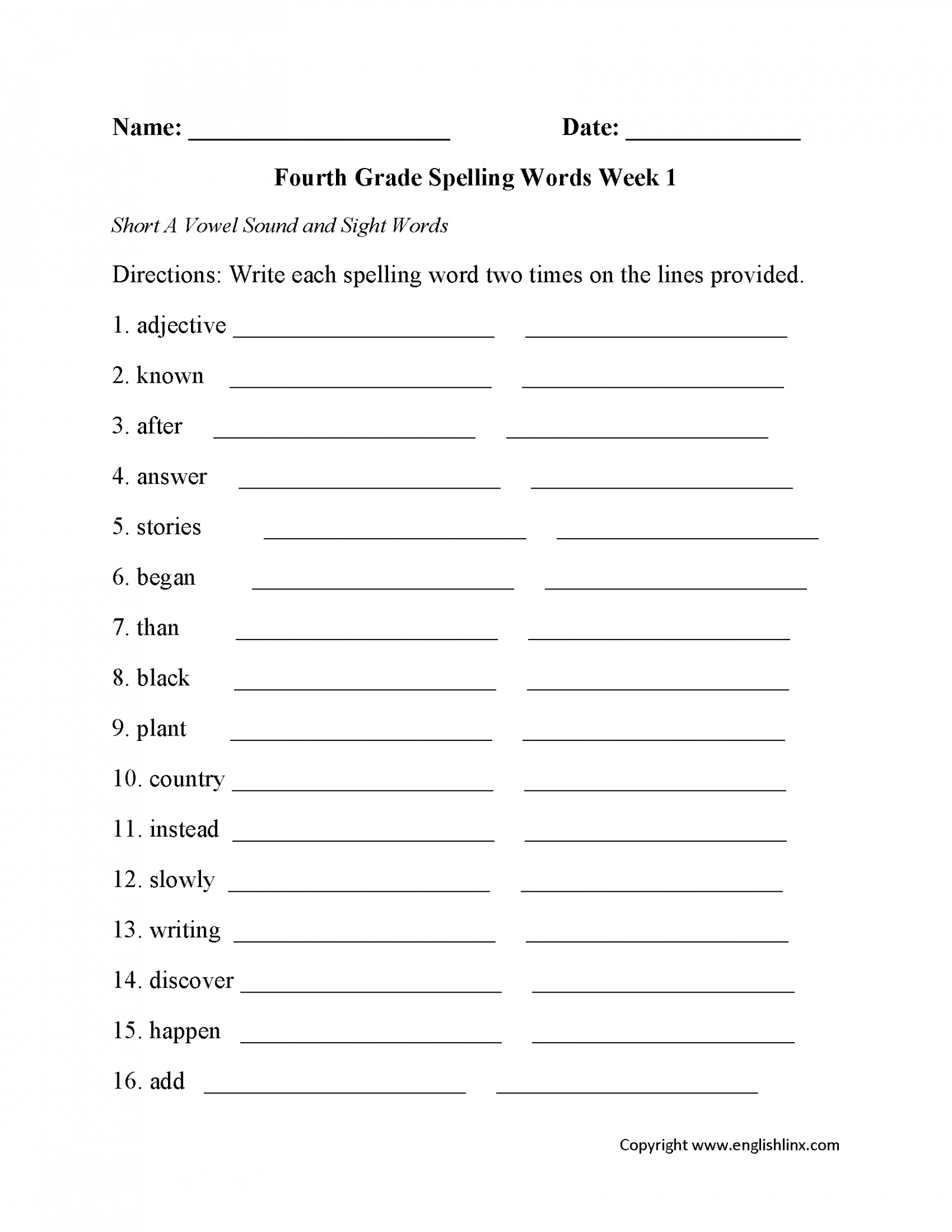 Spelling Worksheets  Fourth Grade Spelling Worksheets