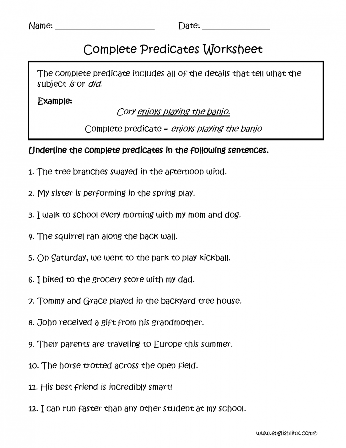 Subject and Predicate Worksheets  Complete Predicates Worksheet