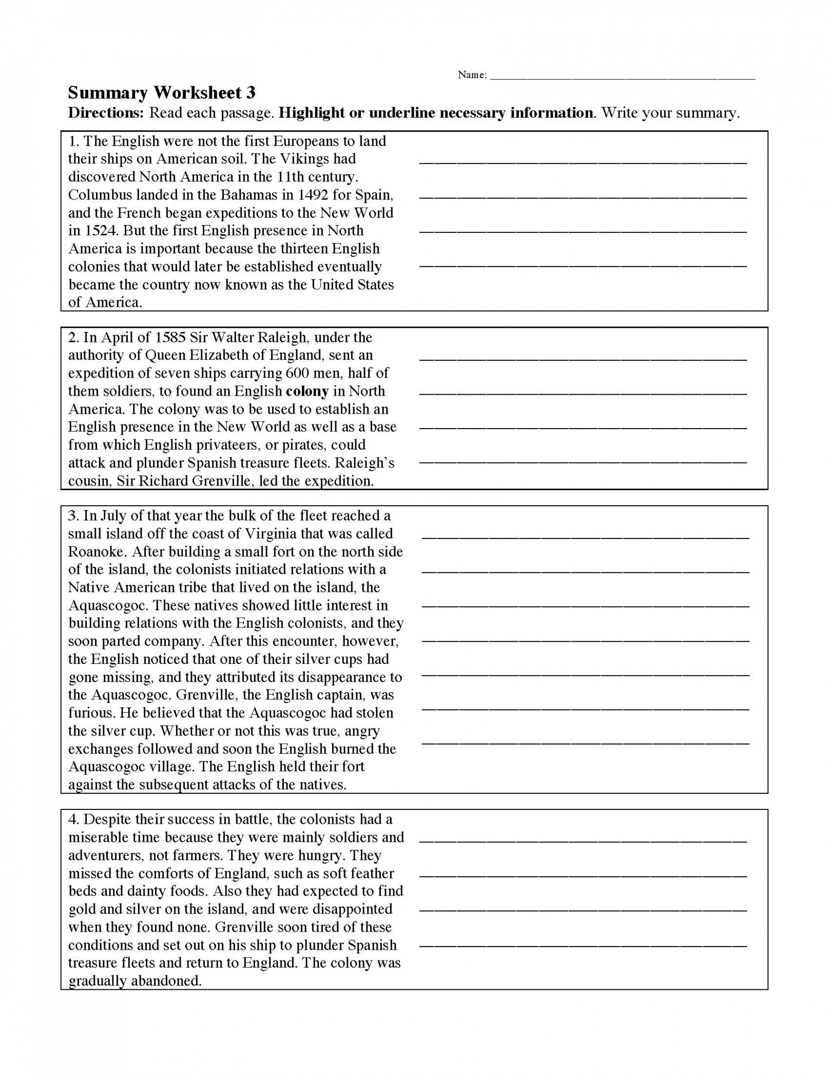 Summarizing Worksheet   Reading Activity