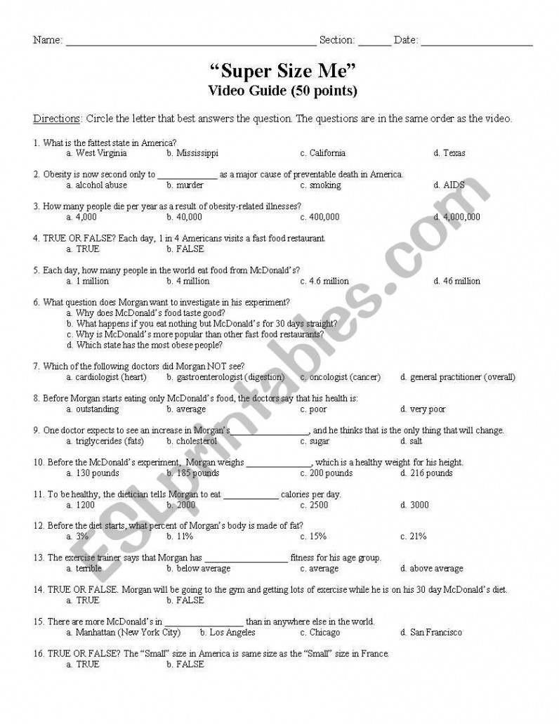 Supersize Me Video Guide - ESL worksheet by khiler