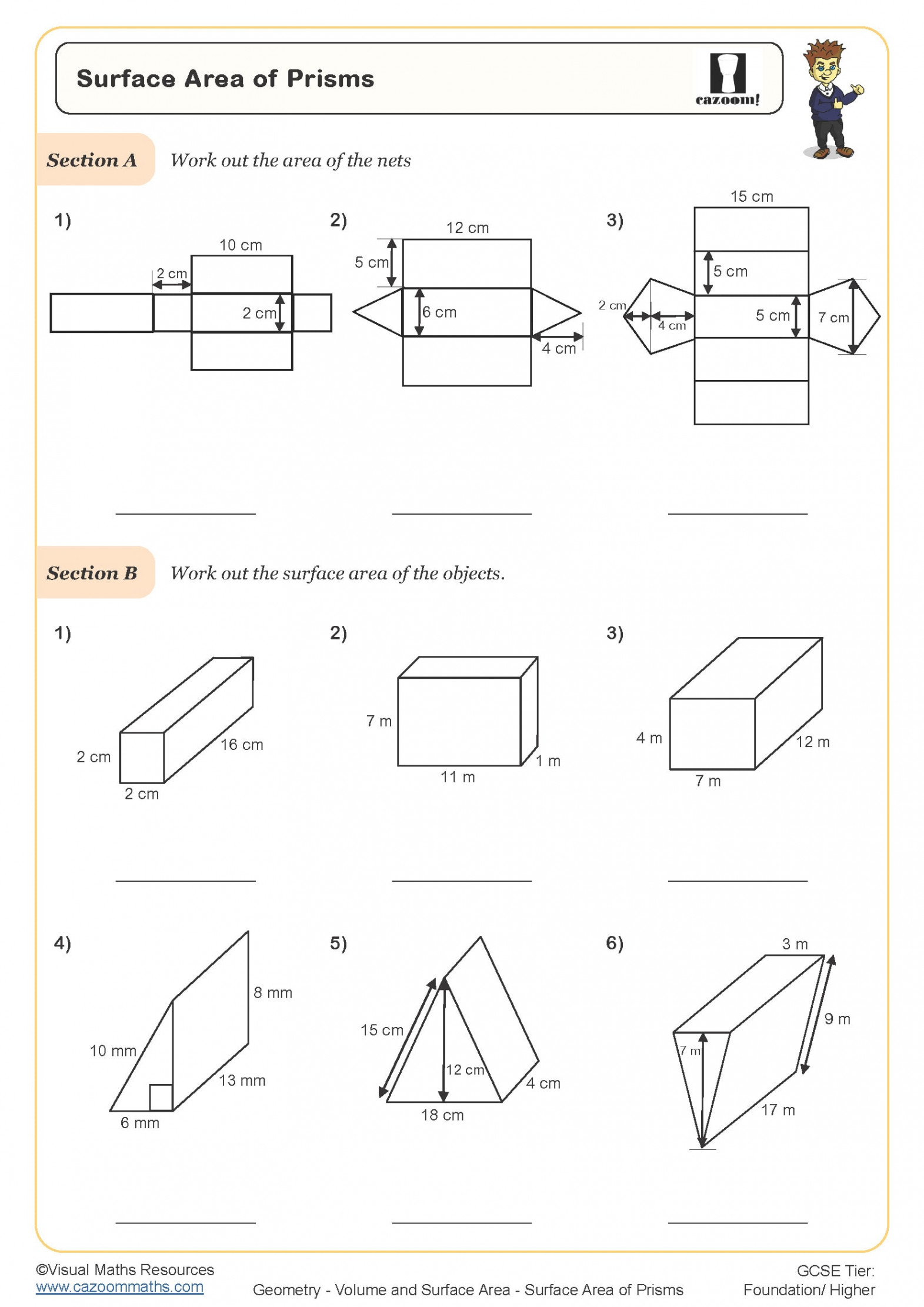 Surface Area of Prisms Worksheet  Printable Maths Worksheets