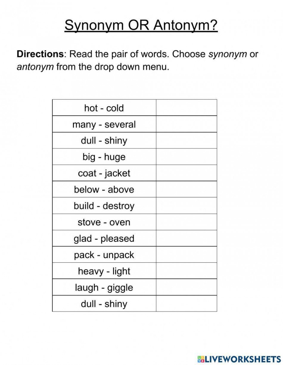 Synonym or Antonym? worksheet  Live Worksheets