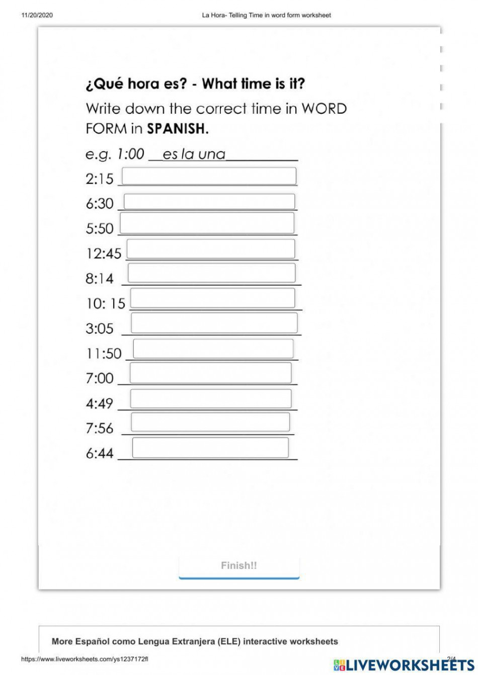 Telling Time in Spanish worksheet  Live Worksheets