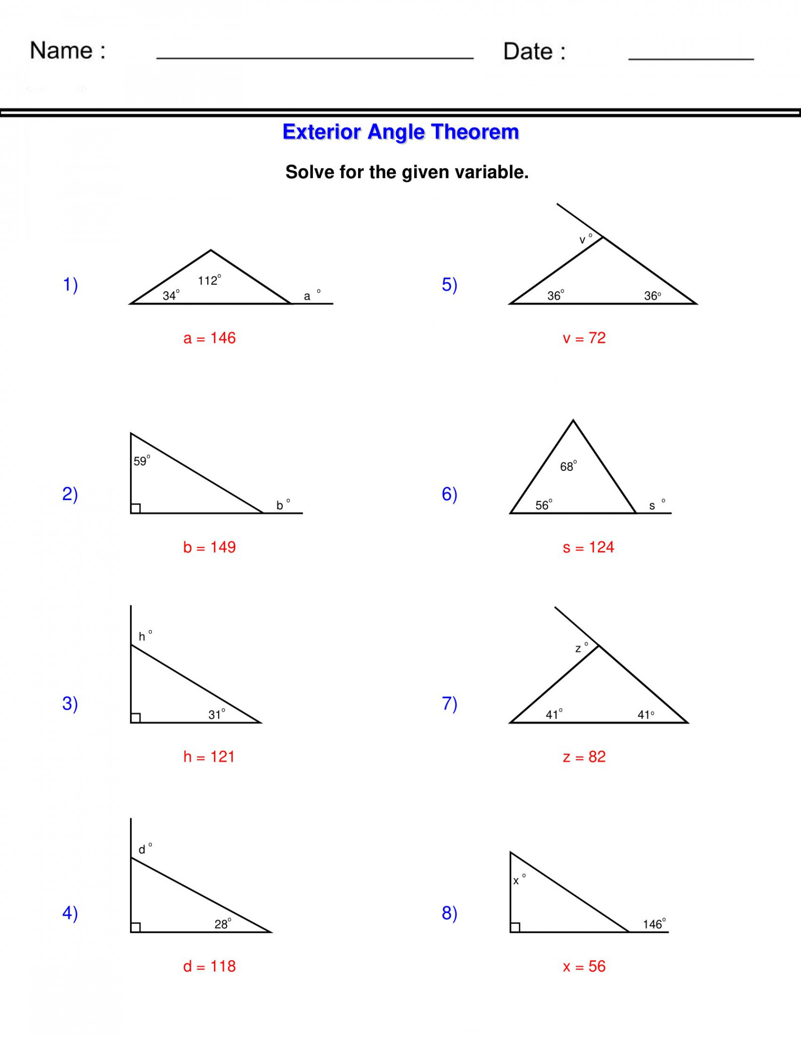 The Exterior Angle Theorem - Triangle Worksheets