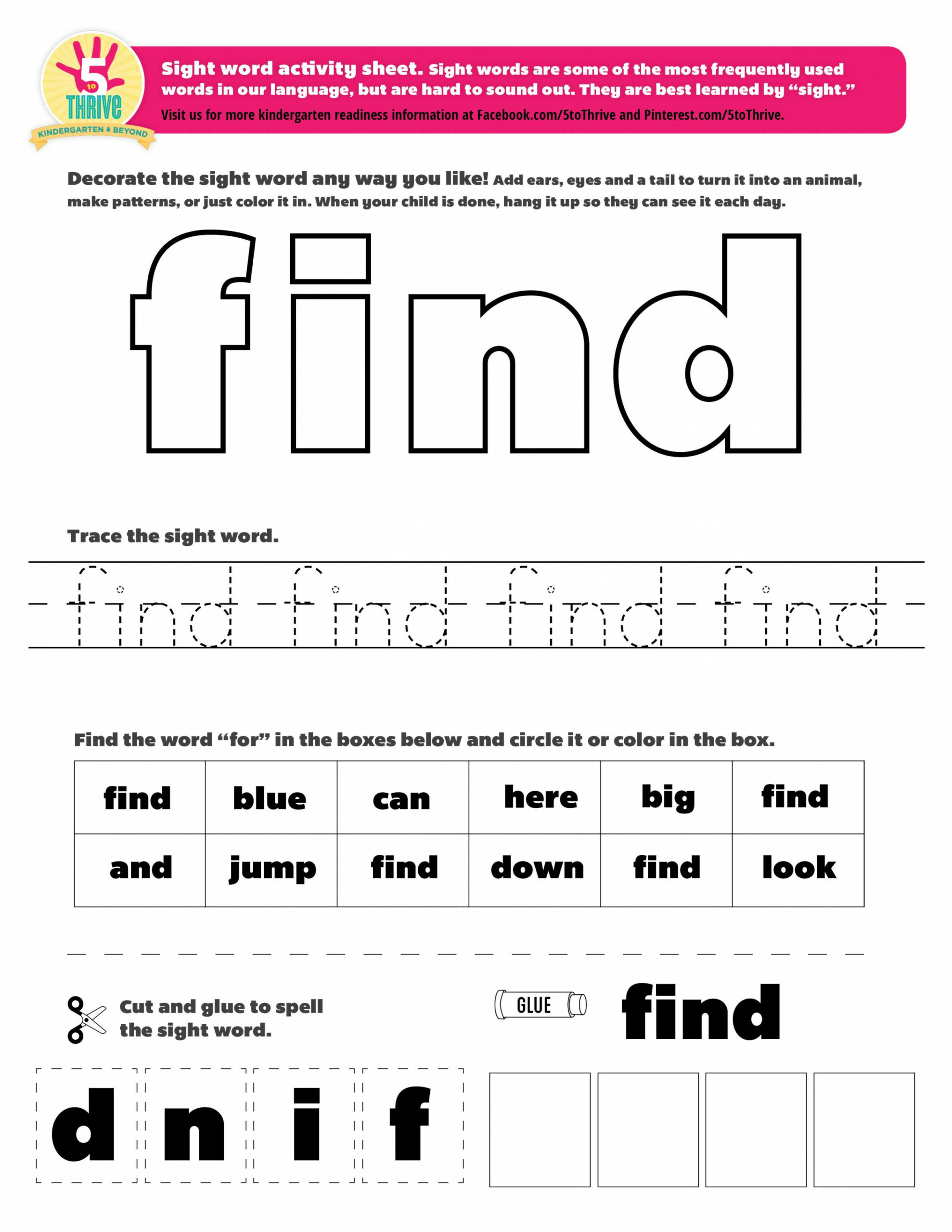 The sight word this week is "find"