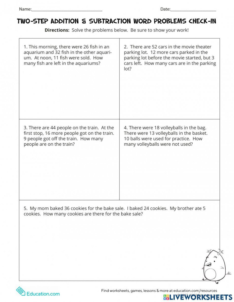 Two-Step Addition & Subtraction Word Problems worksheet  Live