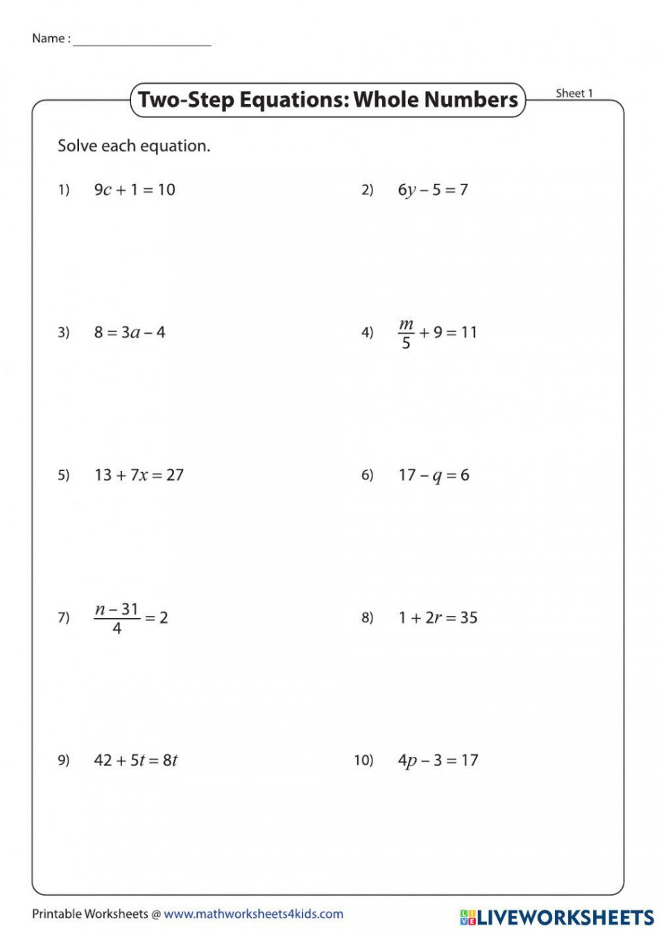 Two Step Equations - Whole Numbers online exercise for  Live