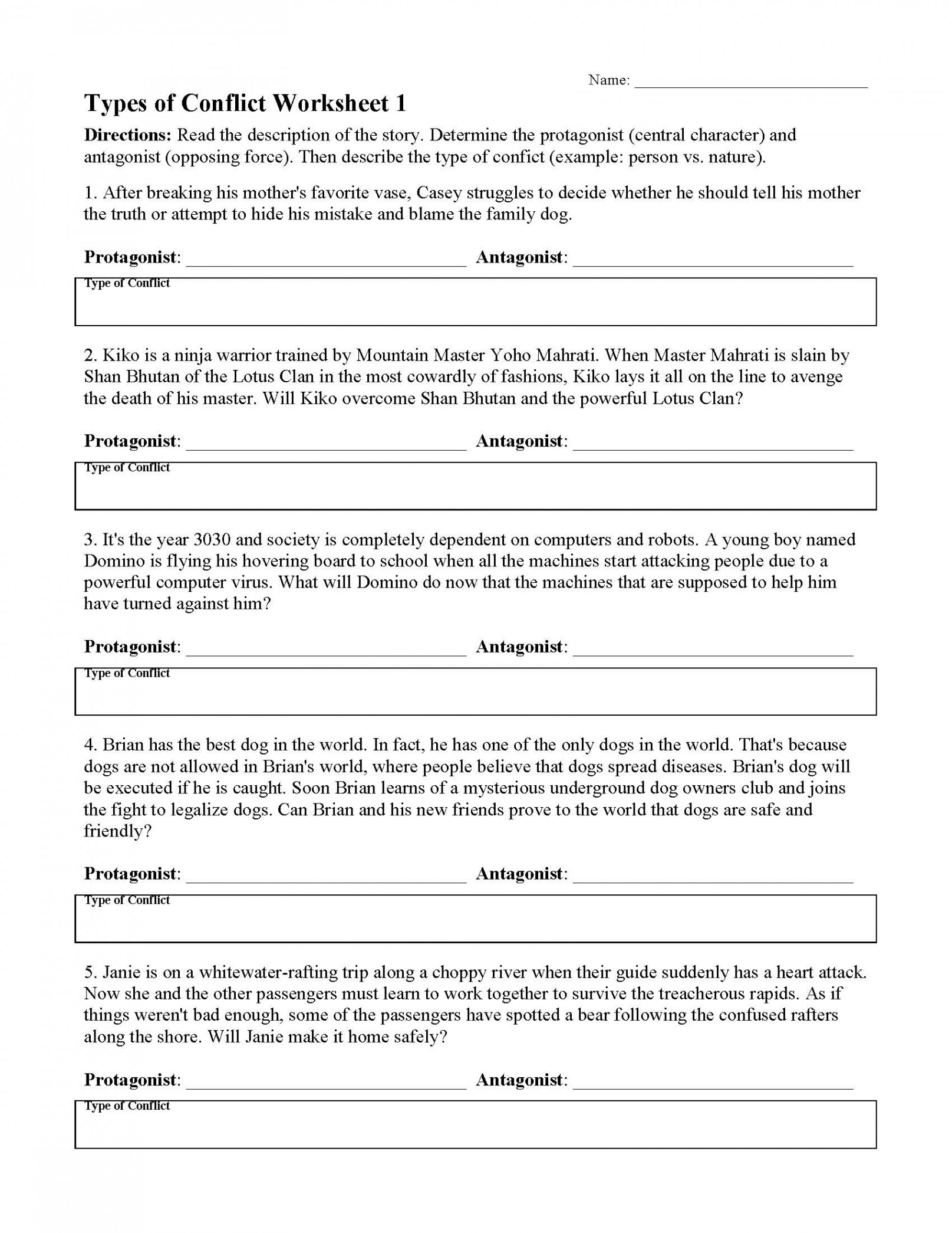 Types of Conflict Worksheet   Reading Activity