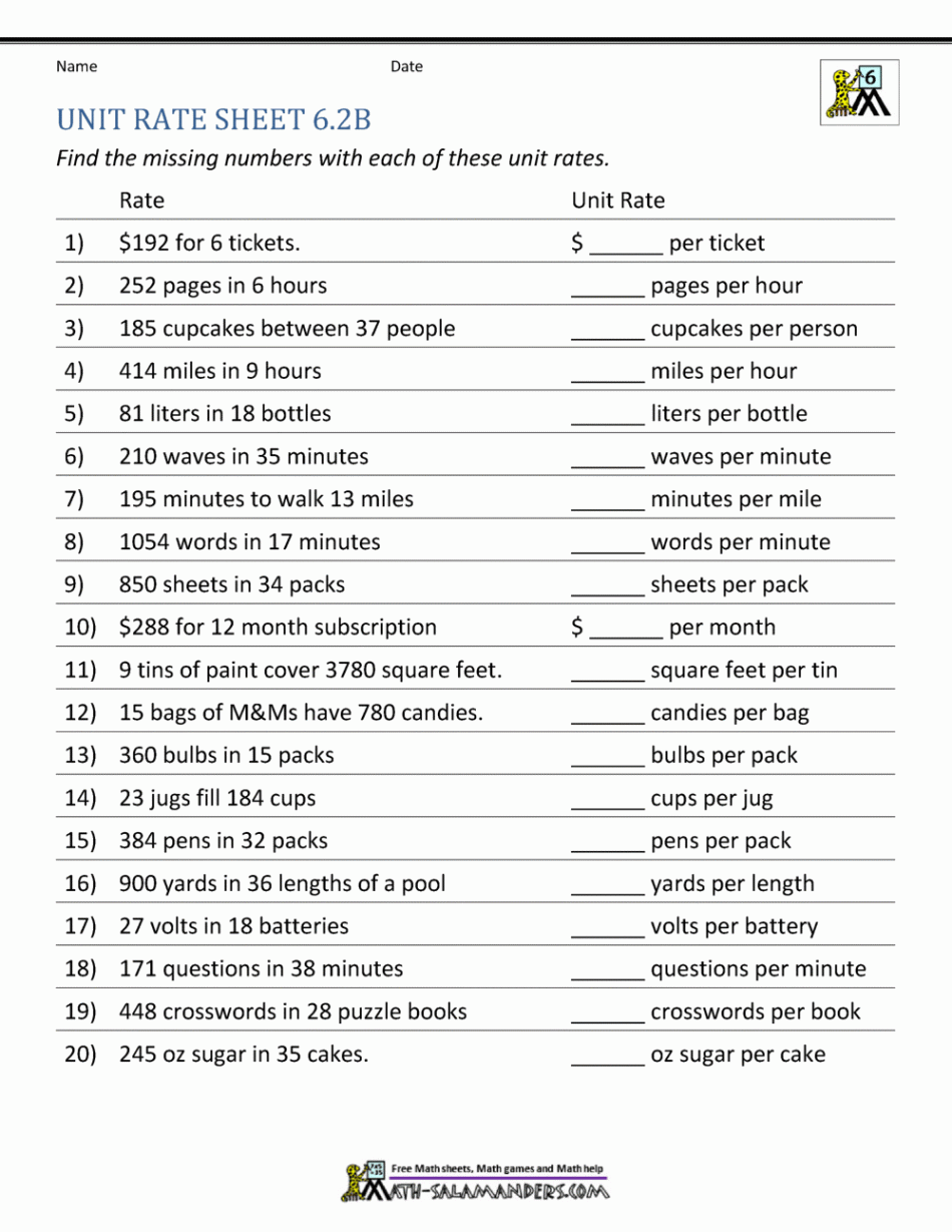 Unit Rate Problems th Grade