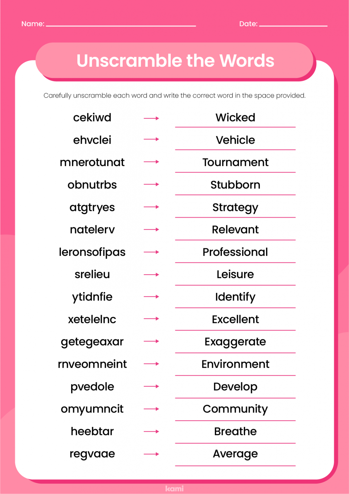 Unscramble the Words Worksheet  Answer Key for Teachers  Perfect