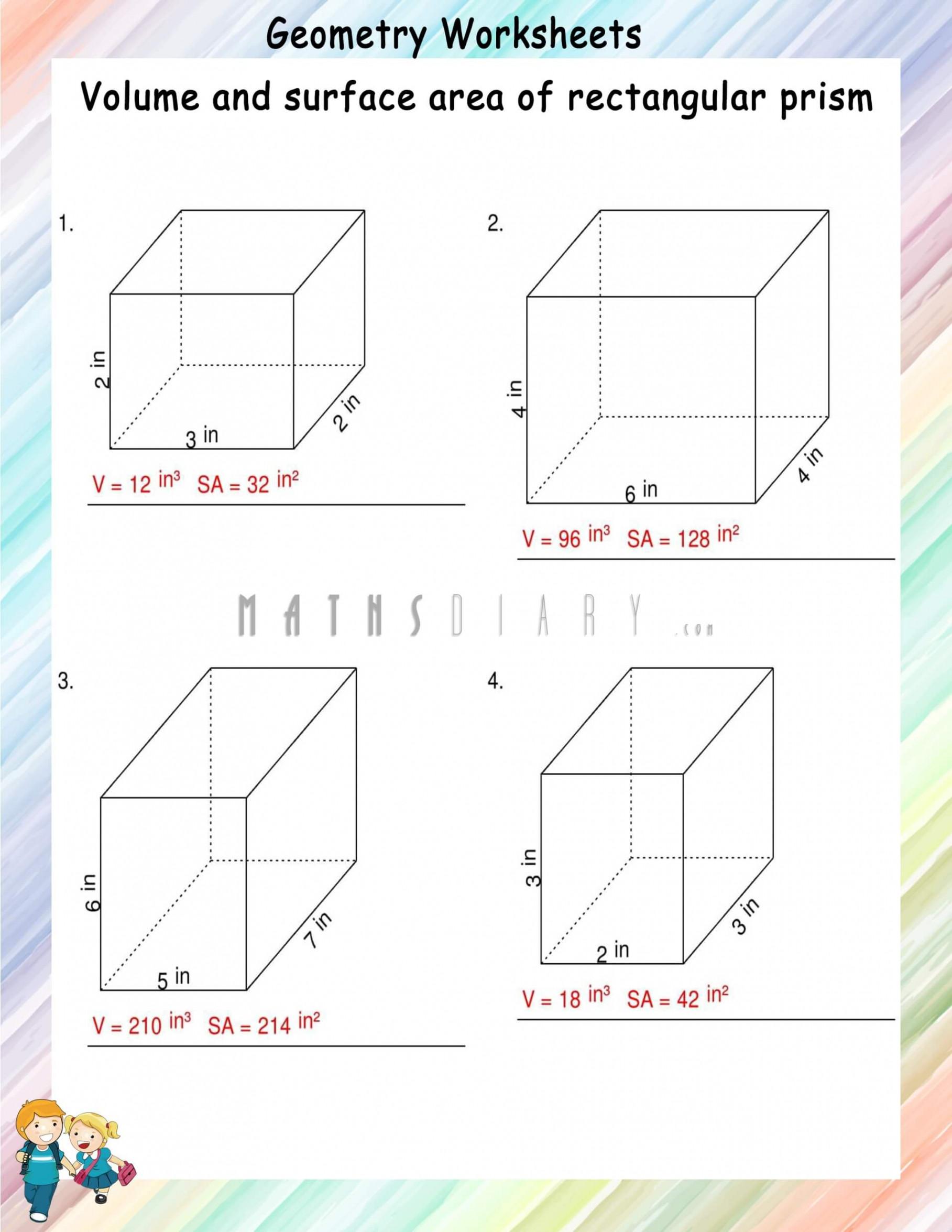 Volume and surface area of rectangular prisms - Math Worksheets