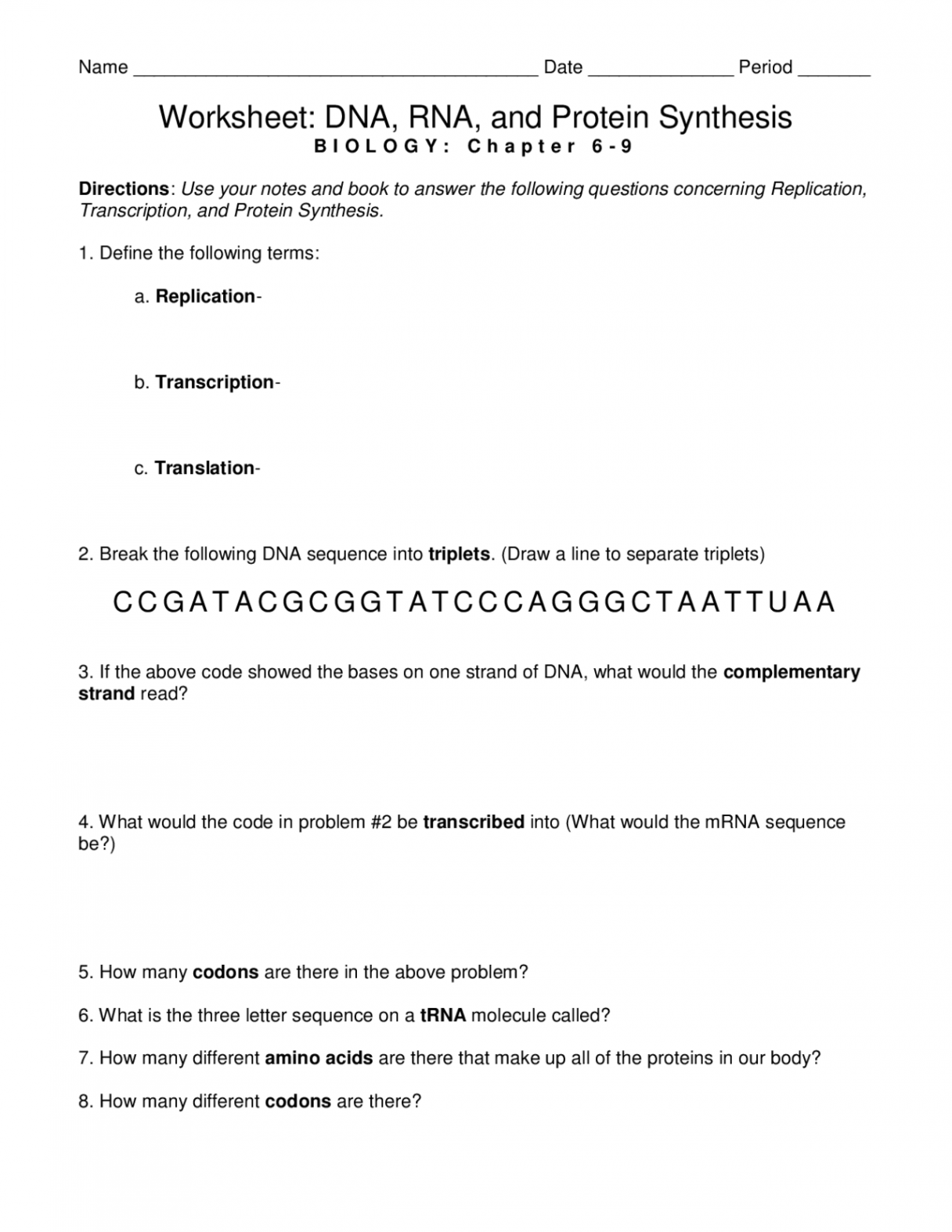 Worksheet: DNA, RNA, and Protein Synthesis  Exercises Genetics