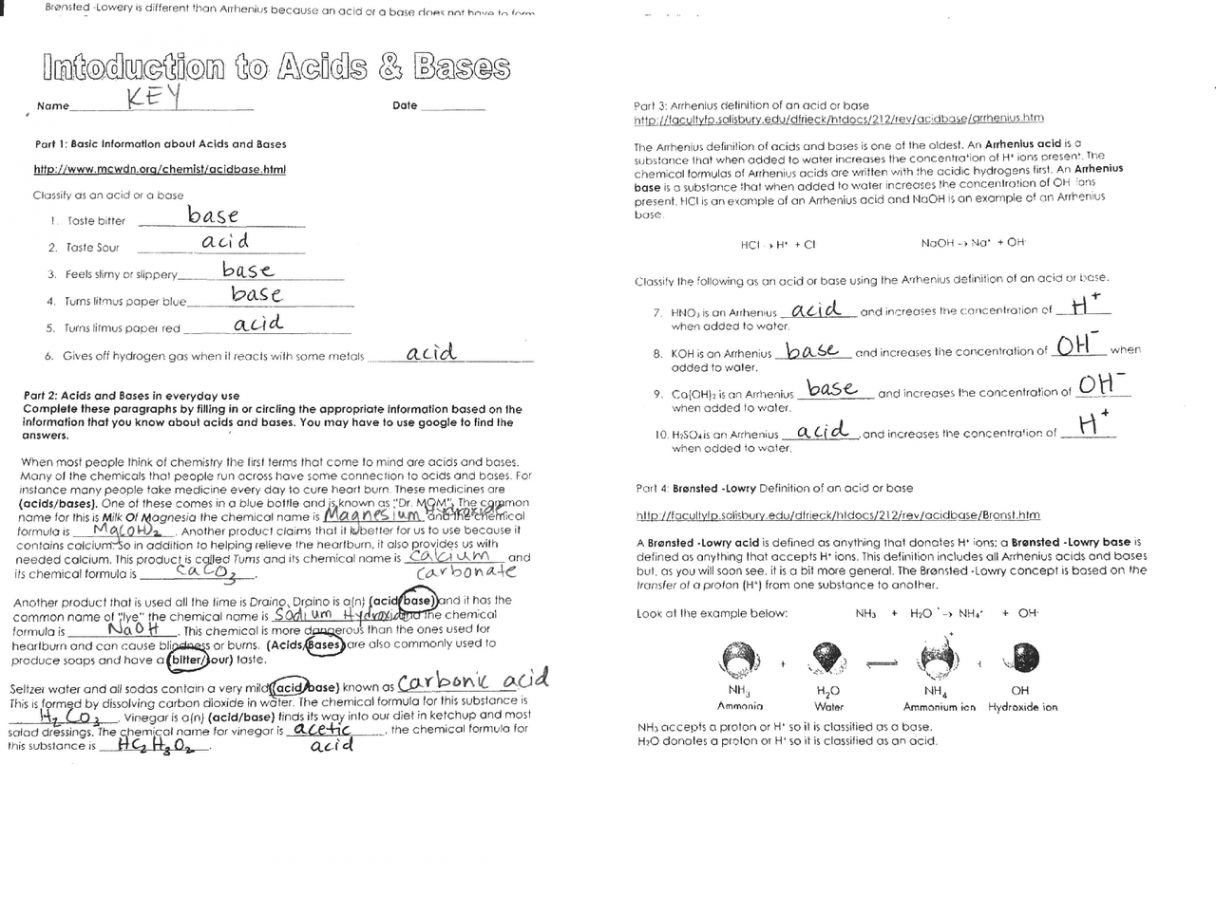 Worksheet Key for Introduction to Acids and Bases  Exercises