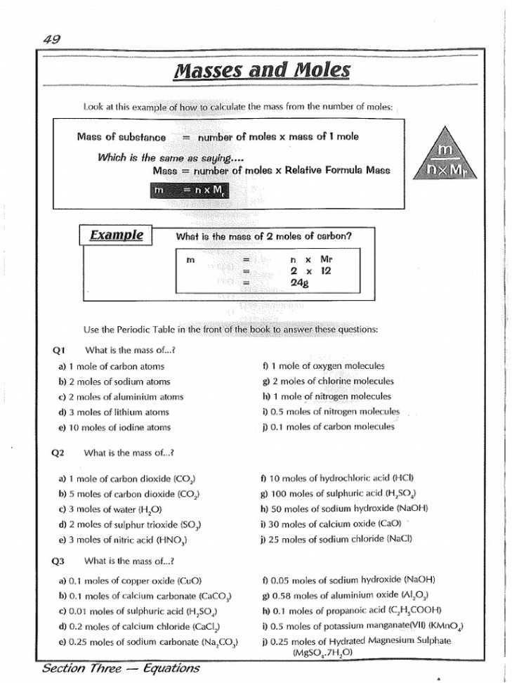 Worksheet On Calculating Moles and Masses For IGCSE  PDF