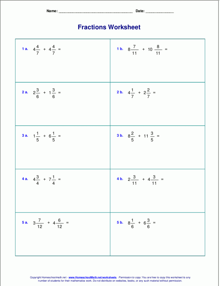 Worksheets for fraction addition