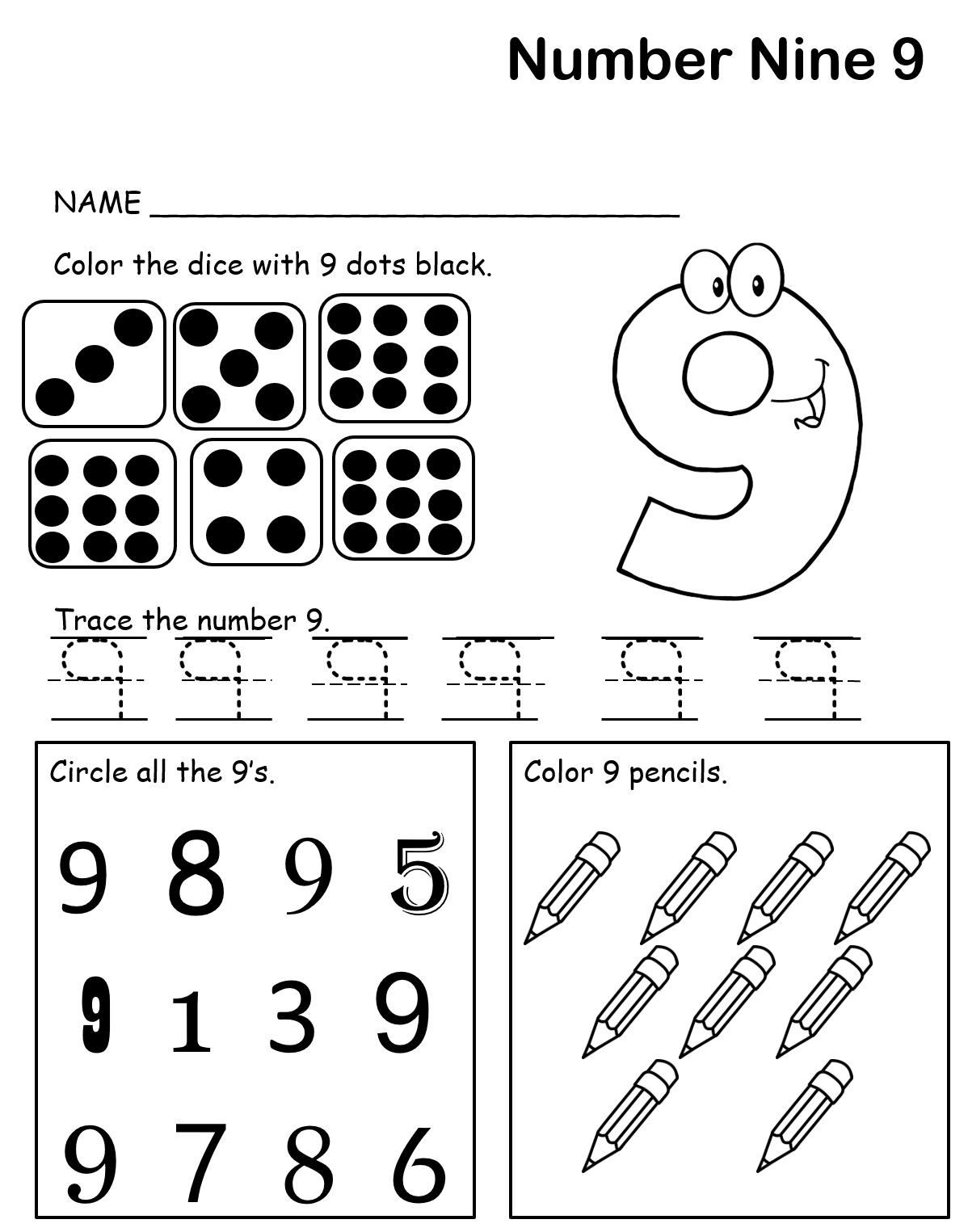 Number 9 Kinder Worksheet