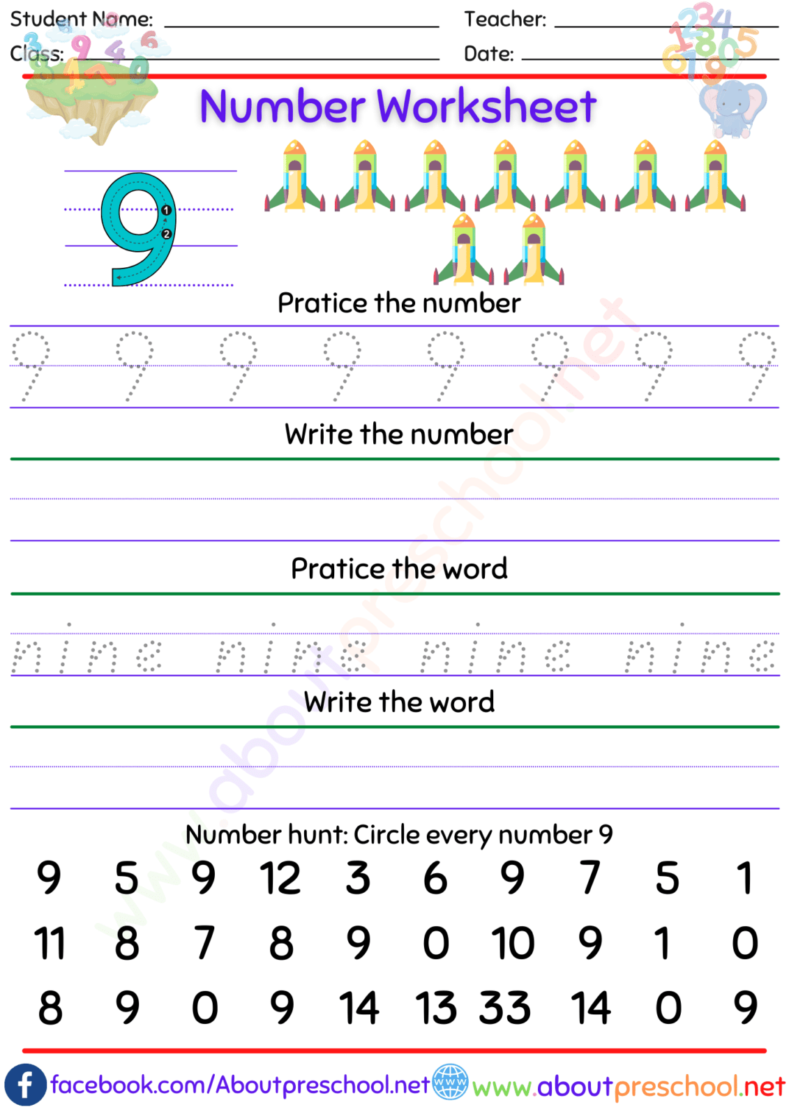 Number 9 Worksheet Kindergarten Download