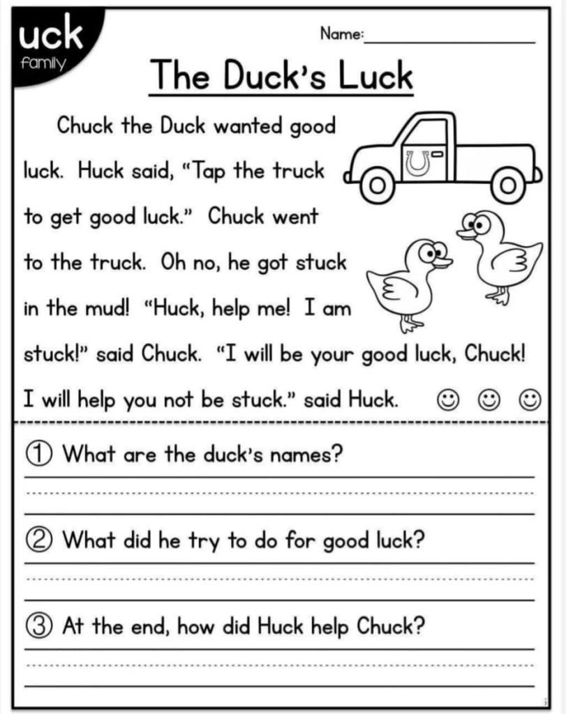 Reading Comprehension Worksheets For Kindergarten Pdf