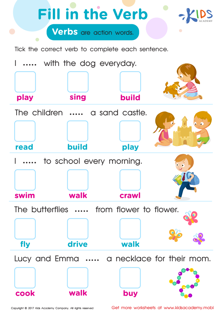 Verb Worksheets For Kindergarten Esl